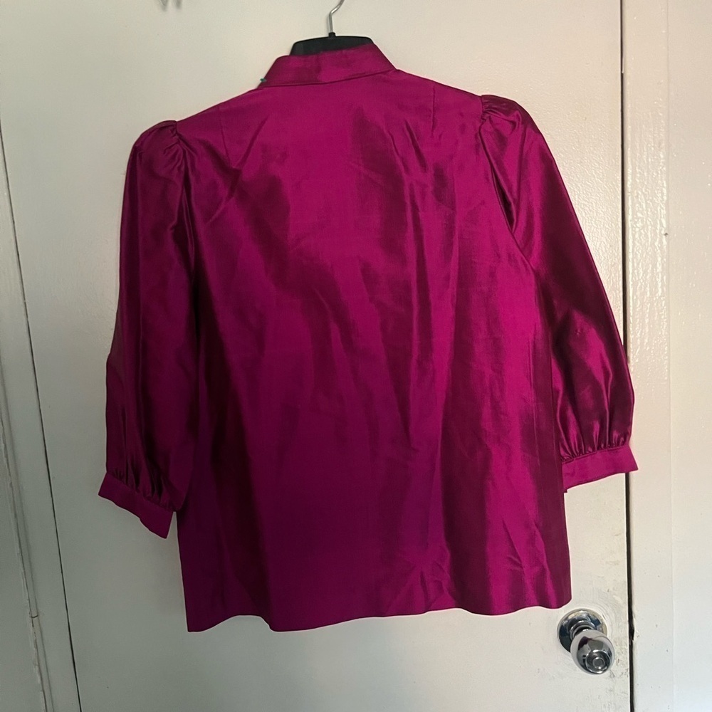 Women's Magenta Thai Silk Button-Up Blouse - Picture 6 of 9